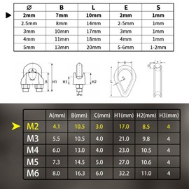 Prmape Pack of 24 Wire Rope Clamps 2 mm, 12 Pieces Rope Clamp M2 + 12 Pieces M2 Thimbles, Wire Rope Clamps 304 Stainless Steel, U-Bolt Bow Shape Steel Cable Rope Connector for Wire Rope Steel Cable