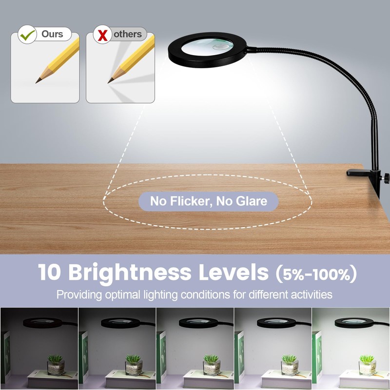 30X 12X Magnifying Glass with Light and Stand, 3-Color Stepless