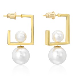 Pearl Earrings Studs 16K Gold Plated Multi-Wearing Pearl Pendants 925 Sterling Silver Needle Double Sided Earring for Women, One Size, Copper, Pearl
