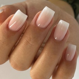 GXOIPNS Press on Nails Short Acrylic Nails Square Fake Nails Pink White Translucent Nails Press ons Ombre Artificial Glossy False Nails Simple Stick on Nails for Women 24 Pcs