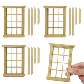 iLAND 1/12 Scale Accessories of Dollhouse Windows 4pcs, Solid Wood DIY Dollhouse Building Supplies, Complete Classic Miniature Windows Kit w/Wooden Frame & Acrylic Panel