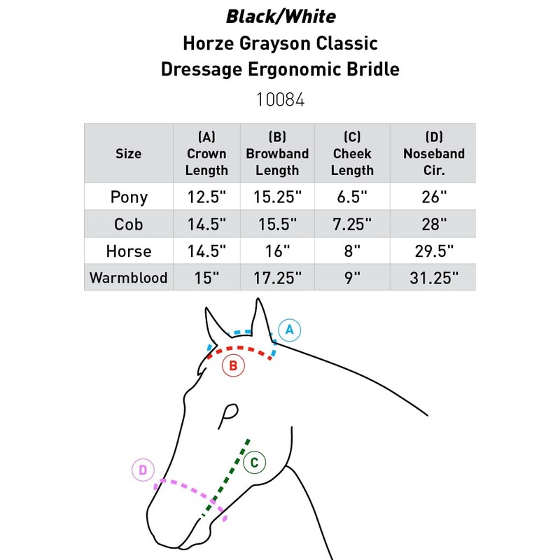 HORZE Grayson Classic Dressage Ergonomic Bridle - Black/White - Warmblood
