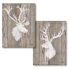 Gango Home Décor Beautiful Contemporary Deer and Elk Silhouettes on a Faux Wood Style Background; Lodge Decor; Two 8x10in MDF Mounted Prints; Ready to Hang!Brown/White