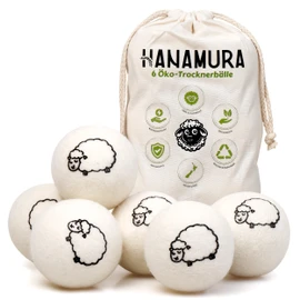 Hanamura Tumble Dryer Balls - Set of 6 Made from 100% New Zealand Sheep's Wool, XXL Ecological Dryer Balls Down - With Storage Bag