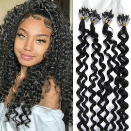 Micro Bead Link Human Hair Extensions Jet Black Micro Ring Loop Remy Hair Extensions Water Curly 20inch 50gr