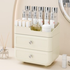 SPACY MAYA Makeup Organizer for Vanity,Stackable Skincare Cosmetic Organizer,Vanity Organizer with 1 Tray and 2 Drawers,3 Layers Large Capacity Dresser Bathroom Counter Organizer,White