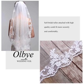 Olbye Women's Wedding Veil 1T Fingertip Length Lace Veil for Bride Embroidered Veil With Comb Wedding Headpiece (Ivory)