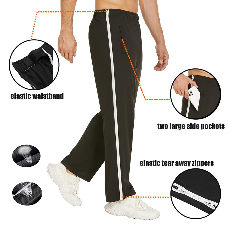 Deyeek Mens Tear Away Basketball Pants 2 Side Zippers Snap