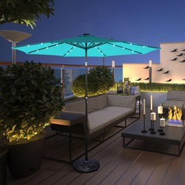 Tangkula 10FT Solar Powered 24 LED Lighted Patio Umbrella, Table Market Umbrella with Tilt Adjustment and Crank Handle, Outdoor Umbrella with 8 Sturdy Ribs for Garden, Deck, Backyard & Pool (Turquoise)