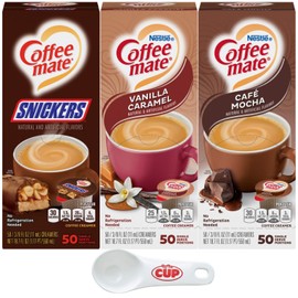 Nestle Coffee mate Liquid Coffee Creamer Singles Variety Pack, Snickers, Vanilla Caramel, Cafe Mocha, 50 Ct Box (Pack of 3) with By The Cup Sugar Packets