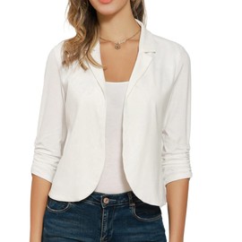 GRACE KARIN Women's Open Knitted Blazer Casual Cropped Knitted Blazer Jacket 3/4 Sleeve Cardigan, White knit