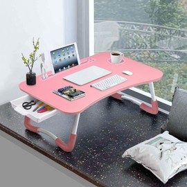 Slendor Lap Desk with Tablet Slot, Foldable Laptop Table with Storage Drawer for Bed，Portable Bed Desk for Laptop, Computer Tray with Cup Holder Notebook Stand Reading Holder for Couch Floor, Pink