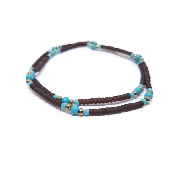 Beachy Brown, Turquoise-color, And Gold-tone Stretch Double Anklet. 2 pieces.