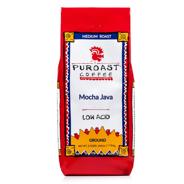 Puroast Low Acid Coffee Ground, Premium Mocha Java, Medium Roast, Certified Low Acid Coffee, pH 5.5+, Gut Health, 2.2 LB, Higher Antioxidant, Smooth for Espresso, Iced Coffee