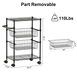 4 Tier Rolling Carts, Metal Wire Utility Cart with Wheels & Handle Bar, 110 Lbs Heavy Duty Kitchen Serving Trolley Food Storage Cart for Restaurant, Kitchen Mobile Shelf Organizer, Black