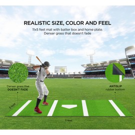 ZivPlay Batting Mat Baseball Hitting Mat Baseball Batting Cage Mat 11' x 5' Regulation Size Turf Batters Box Mat with Home Plate and Anti Fade Turf for Baseball Softball Training Indoor and Outdoor