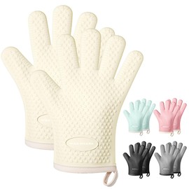MAD SHARK Silicone Oven Mitts Heat Resistant 450 Degrees,Waterproof & Non-Slip Oven Gloves with Fingers,Cotton Lined Silicone Oven Gloves Kitchen Mitts for Baking Cooking Barbecue,Women,Oven (White)