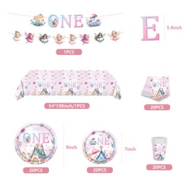 SKTMH 82Pcs Fairy First Birthday Decorations Floral Fairy 1st Birthday Plates and Napkins One Birthday Banner for Baby Shower Fairy First Birthday Spring Garden Tea Party Decorations Tableware Set