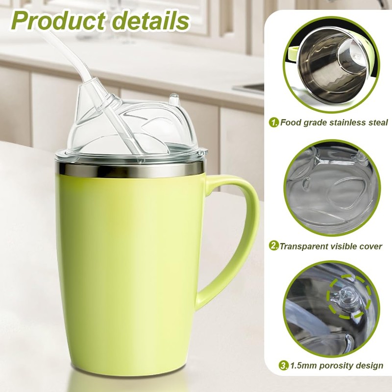Nzkeuf Elderly Leak-Proof Straw Cup with Handle, 350ml Non-Spill Sippy