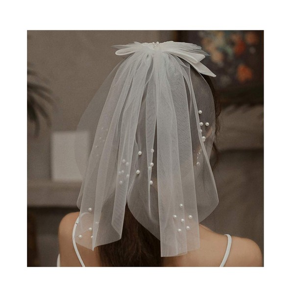Campsis Velo de novia de boda con peine blanco corto lazo nudo tul velos novia perla velo accesorios para el cabello para mujeres y niñas