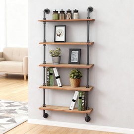 Industrial Pipe Shelving, 24inch Pipe Shelves with Wood Planks, 5 Tier Floating Shelves Wall Mounted Steampunk Real Wood Book Shelves, Retro Rustic Industrial Shelf for Bar Kitchen Living Room