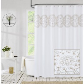 Jubilantex Tan and White Embroidered Shower Curtain for Bathroom, Farmhouse Boho Floral Fabric White and Beige/Ivory/Taupe/Cream Decorative Waterproof Rustic Bath Curtain for Spa Hotel, 70x72 Inches