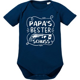 OM3® Baby Bodysuit with Saying - Papas Beste Schuss II - Short Sleeve Baby Bodysuit - Organic Cotton - Girl Boy -, Navy Blue (WS)