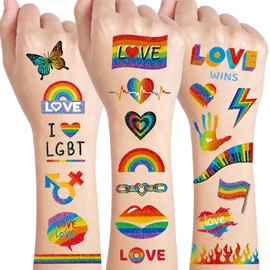 Konsait Glitter Pride Temporary Tattoos for Adult Kids Fake Tattoos Rainbow Pride Accessories Waterproof Tattoo Love Butterfly Rainbow Party Favors 10 Sheets