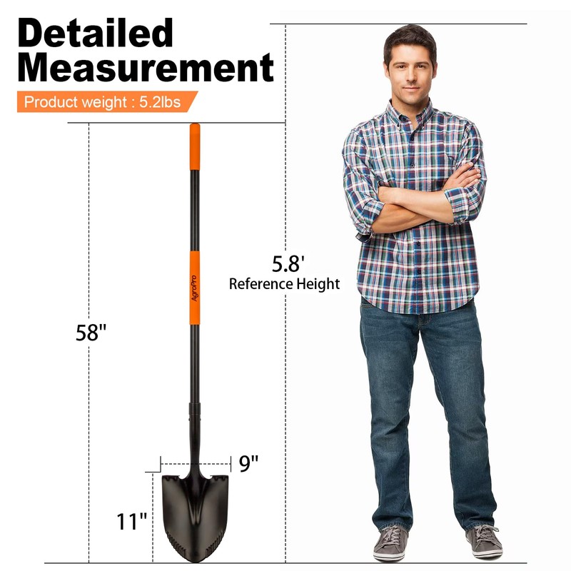 AgroPro Shovel for Digging, Metal Shovel with Long Fiberglass Handle,