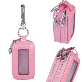 Guolich Car Key Chain Bag Double Zip Leather Protection Key Coin Holder Key Ring with Transparent Window for Car Key Remote Control, pink