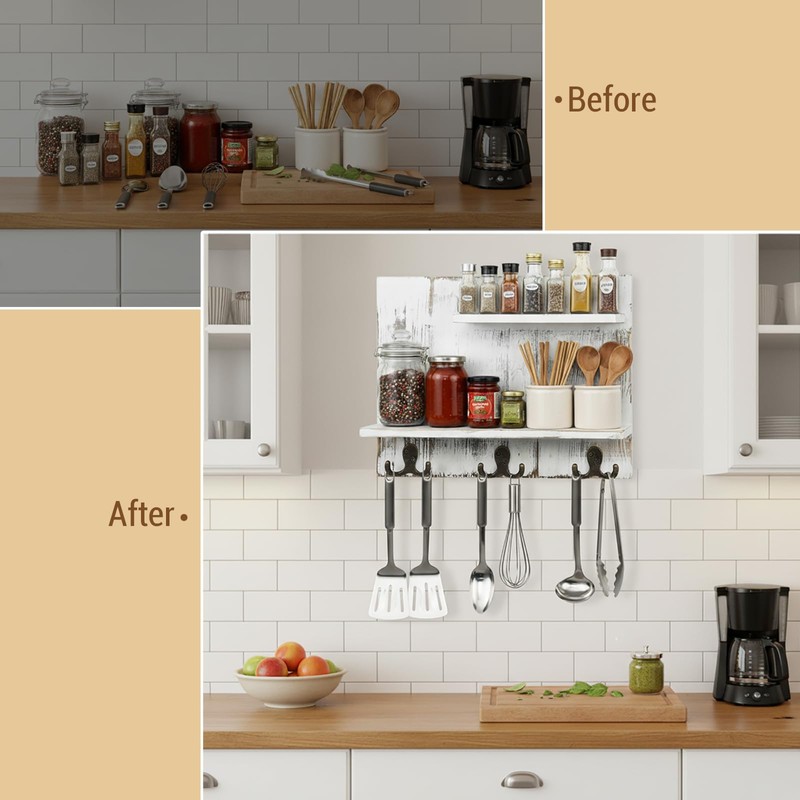 MyGift 2 Tier Wall Mounted Shabby White Washed Solid Wood