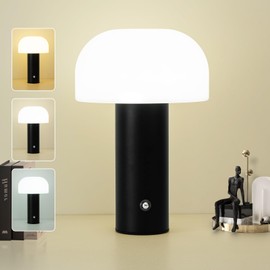ZOOPEEN Cordless Mushroom Table Lamp,Rechargeable 4000mAH Portable Battery Operated Lamp,3 Color Stepless Dimming Modern Lamps for Bedside Lamps,Touch Dimming Night Light for Home/Restaurant Black