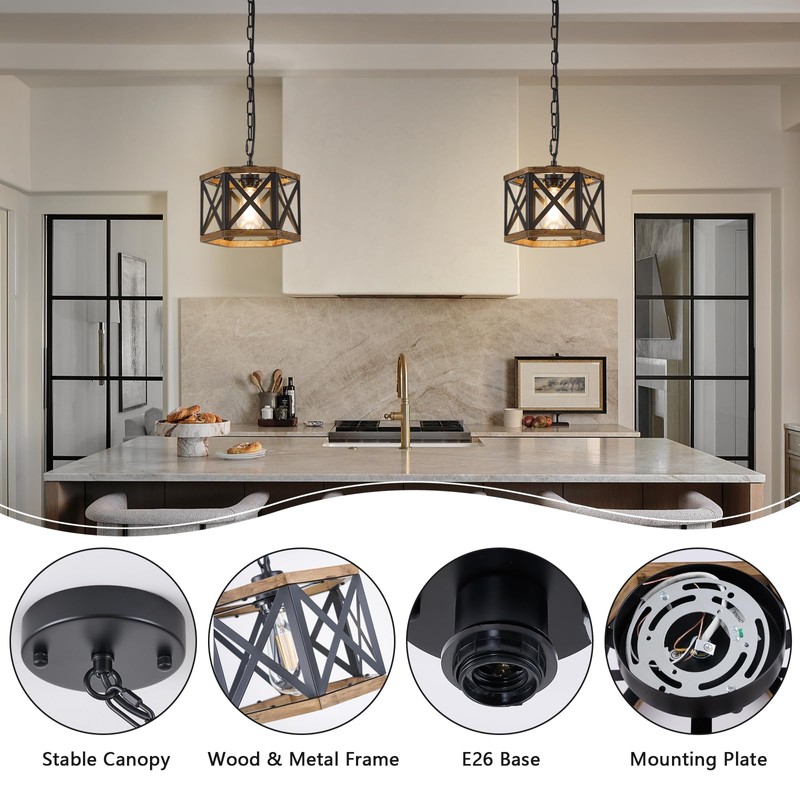 2 Pack Rustic Farmhouse Pendant Light Kitchen Island, Hanging Light