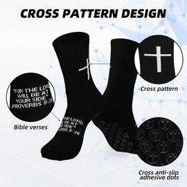 Bodoniy Cross Grip Soccer Socks, Non-Slip Grips Sports Sock with Bible Verse Christian Breathable Stockings, US 6-13, Black, One Size