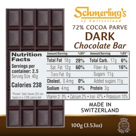 Schmerling's Dark Swiss Chocolate - 72% Cocoa - All Natural Chocolate - Vegan - Gluten Free - Paleo - Non GMO - Non Dairy - Gourmet Parve - Kosher OU - 3.5oz Each (Pack of 5)