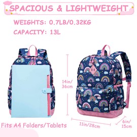 VASCHY Kids Backpack for Girls,Cute Animal Pattern School Bag Daily Children's Rucksack Backpack for School Kindergarten Nursery with Chest Strap And Bottle Pockets(Blue Rainbow)