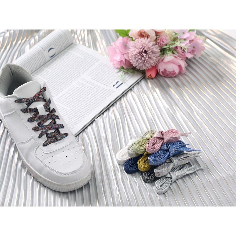 [Elerevyo] 1 Pair Glitter Shiny Metallic Flat Shoelaces Colorful Multicolor
