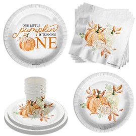Pumpkin 1st Birthday 1st Birthday Party Supplies 64 Piece Tableware Set Includes Large 9" Paper Plates Dessert Plates, Cups and Napkins Kit for 16