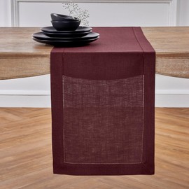 Solino Home Burgundy Linen Table Runner 90 Inches Long – 100% Pure Linen Classic Hemstitch Table Runner 14 x 90 Inch – Machine Washable Dining Table Runner for Valentines Day, Spring, Winter, Easter