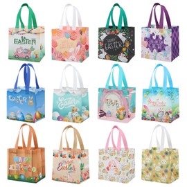 12Pack Easter Tote Bags with Handles,Easter Gift Bags Non-Woven Reusable Bunny Treat Bag,Bunny Easters Goodie Bag Foldable ToteBag,Waterproof Pink Blue ToteBag for Kids Easters Egg Hunt Party Favors