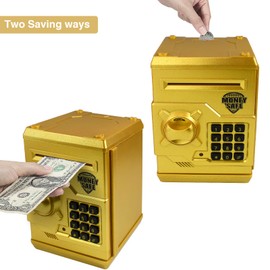Cargooy Mini ATM Piggy Bank ATM Machine Best Gift for Kids,Electronic Code Piggy Bank Money Counter Safe Box Coin Bank for Boys Girls Password Lock Case (Gold)