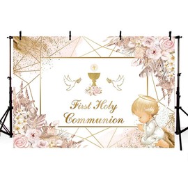 AIBIIN 7x5ft First Holy Communion Theme Backdrop Boho Pink Floral Baptism Christening Party Photograph Background Pigeon Little Angel God Bless Photo Decoration Banner