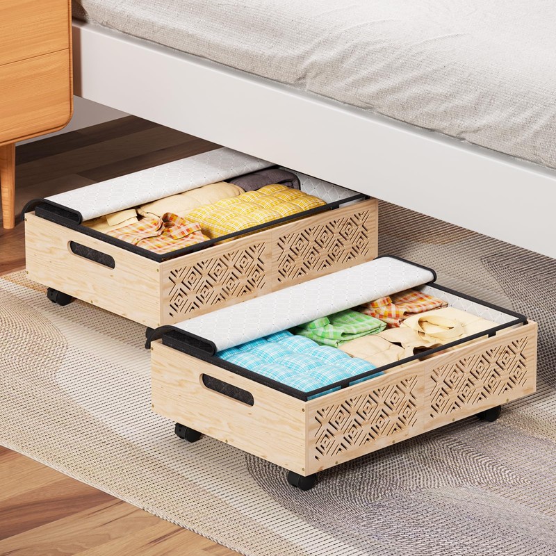 Under Bed Storage Containers-Wooden Underbed Organizer with Wheels with Large
