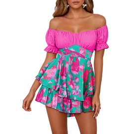 Fixmatti Women Floral Print Rompers Off Shoulder Short Sleeve Ruffles Hem Chiffon Boho Shorts Jumpsuits Rose Pink S