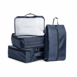 Brookstone - Juego de cubos de embalaje de 4 piezas, organizador de equipaje y bolsa de zapatos, artículos esenciales de viaje, azul marino