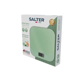 Salter British Bakes Digital Kitchen Scale – Green Baking Scale, High 10kg Capacity, Measures Liquids, Waterproof, Add & Weigh Tare Function, Tempered Glass Platform, 1g Precision, Backlit Display