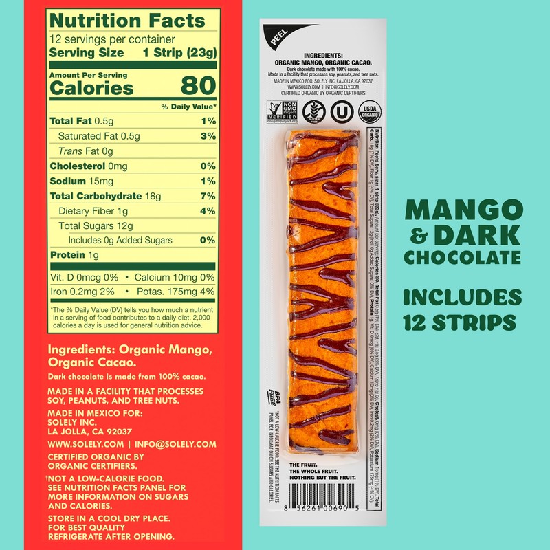 SOLELY - Organic Mango Chocolate Drizzled Fruit Jerky - 12