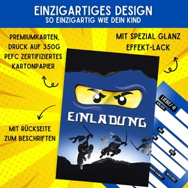 ZETTMANN 10 Premium Invitation Cards for Children's Birthday Boys, Card Set with Ninja Motif, Birthday Invitations, High-Quality Birthday Invitations (Blue Ninja)