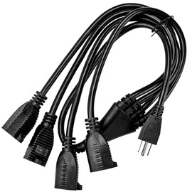 4 Way Power Splitter – 1 to 4 Cable Strip With 3 Pronged Outlet and 3" to 12" Foot Y Style Extension Cord – Black - SJT 16 AWG – By Luxury Office (5 Pack, 3' Extension Cord)