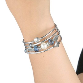 BULINLIN Crystal Beads Layered Bangle Bracelet, Silver Plated Metal Wrap Bracelet with Pearl, Jewellery Gifts for Women Ladies Friends（92-Blue）